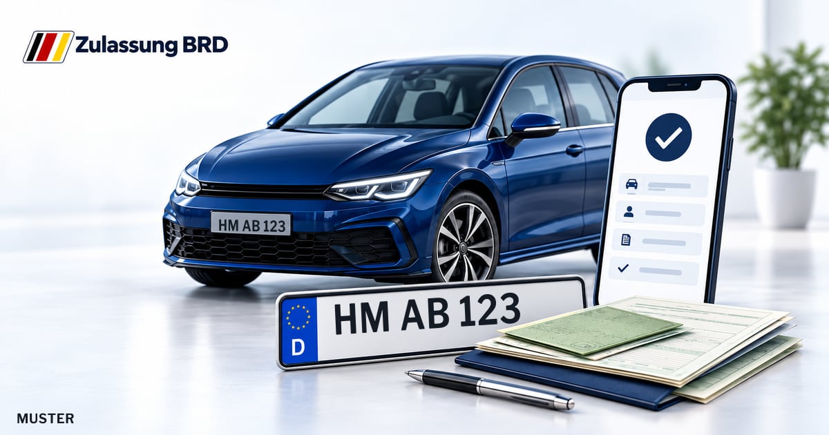 Online Fahrzeugzulassung in Aerzen: Musterkennzeichen HM AB 123, Auto und Fahrzeugpapiere und Smartphone. Illustration mit Logo von Zulassung BRD.